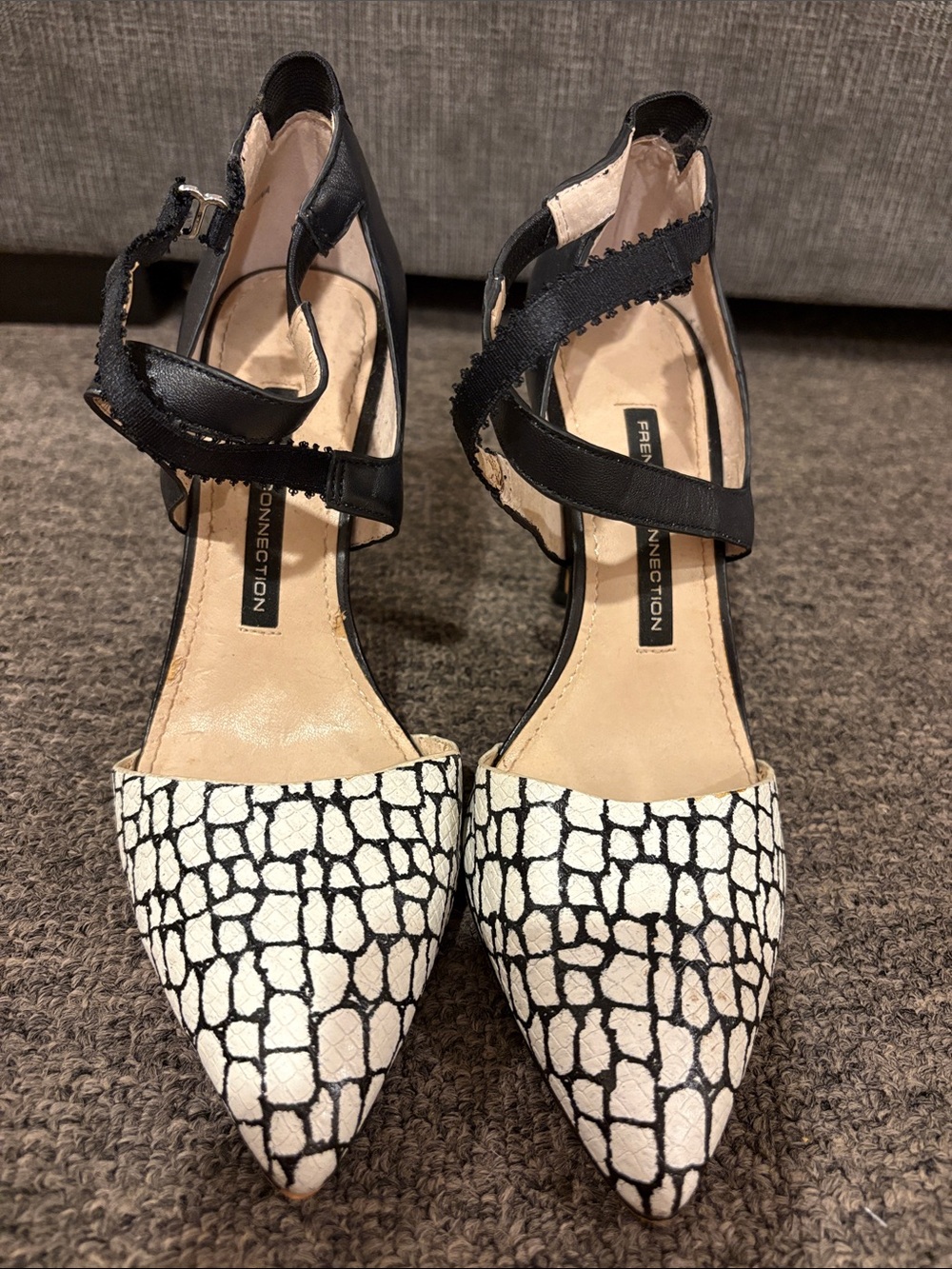 Women’s French Connection Black & White Croc-Texture Pointed Criss Cross Heels